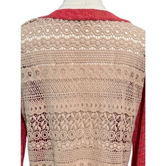 Free People Sweet Jane Crochet Back Pink Strawberry Sweater Oversized Boho Small - Picture 9 of 11